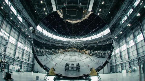 Giant reflective parabolic mirror in an industrial setting