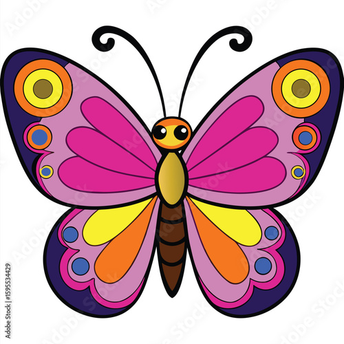 Whimsical butterfly with bold colors and intricate patterns, perfect for children's designs and spring themes, vector origin for easy scaling