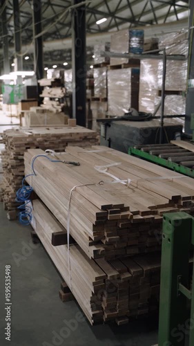 Vertical video showing neatly stacked wooden planks prepared for transportation or further processing inside a large woodworking or lumber factory. 