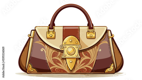 Elegant brown and beige leather handbag fashion accessory gold tote chic on transparent background