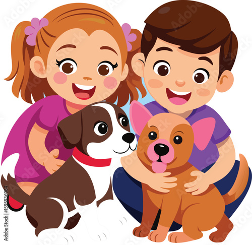 Kids petting dogs. Children hugging dog pets vector illustration, happy girls and smiling boys with puppies image, domestic licking animals and playing owners best friends