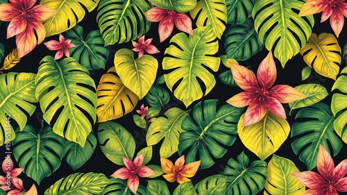Wallpaper Mural Vibrant tropical foliage and blooms create an exotic botanical seamless pattern, perfect for fabric, wallpaper, or any design needing a touch of jungle style. Torontodigital.ca