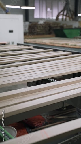 Close-up vertical video of wooden planks moving on a conveyor belt in a modern woodworking facility. The smooth light-colored timber boards are being processed in an industrial setting.