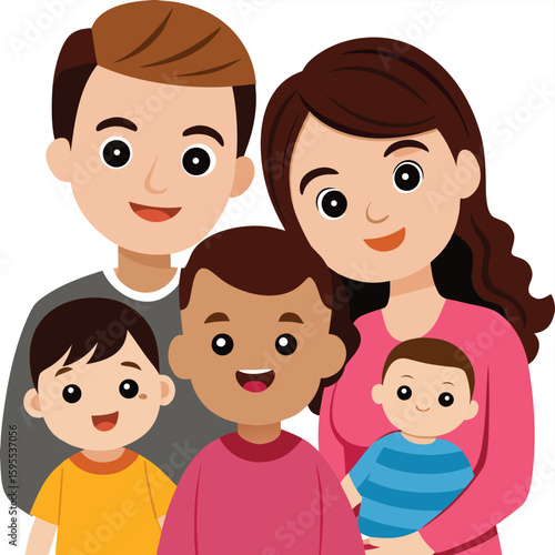 Cartoon family portrait featuring parents with three children of diverse ethnicities
