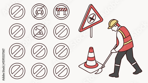 construction safety prohibition signs road work warning symbols traffic regulations isolated on white background.