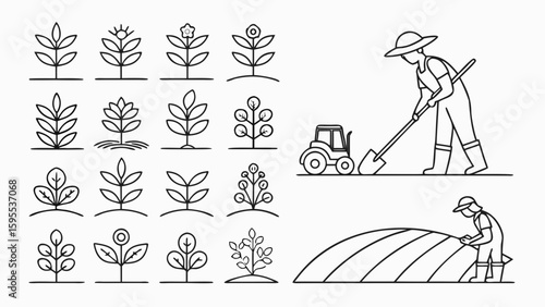agriculture farming cultivation line art crops planting gardening systematic field work isolated on white background.