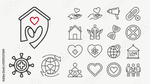charity community support line icons humanitarian nonprofit donation symbols design isolated on white background.