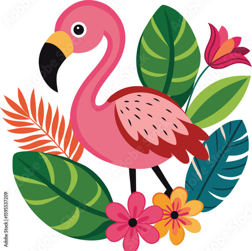 Stylized flamingo standing among tropical leaves and flowers, summery nature design