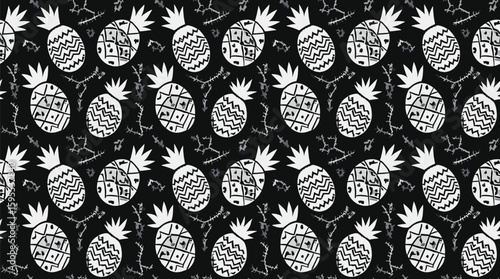 Black And White Seamless Pattern Hand-Drawn Pineapples And Abstract Elements, Ideal For Textiles Or Backgrounds.
