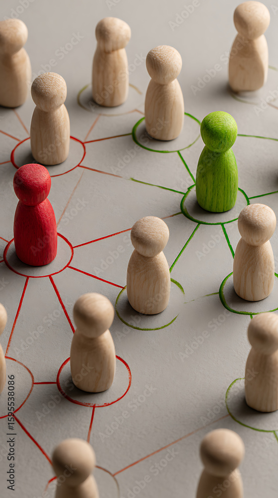 Obraz premium Network of Wooden Peg People Connected by Red and Green Lines One Red Peg Person One Green Peg Person Multiple Beige Peg People