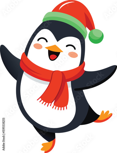 Adorable cartoon penguin wearing a festive red santa hat and a bright red scarf happily ice skating with its wings spread wide isolated on transparent background