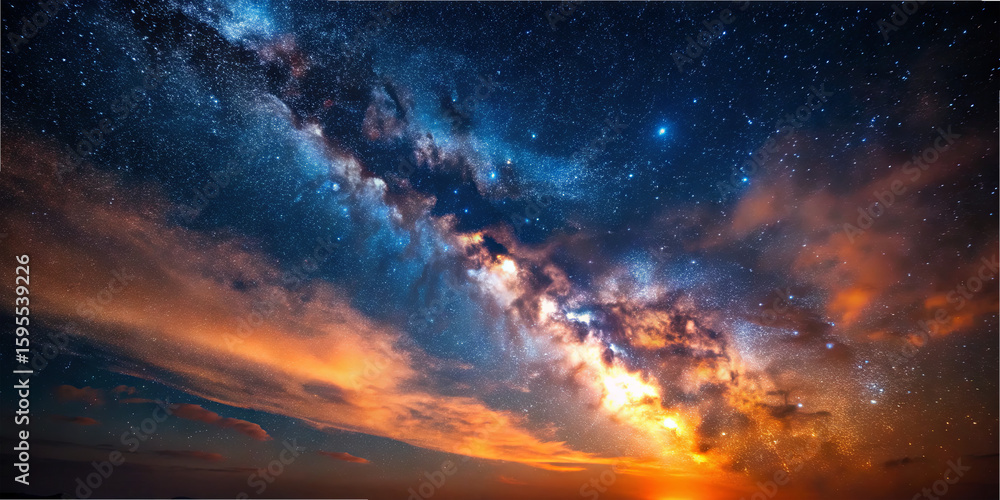 Fototapeta premium A breathtaking view of the Milky Way stretches across the sky, surrounded by colorful clouds at dusk. Stars sparkle brightly against the deep blue and orange hues
