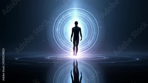 Human Silhouette Walking Towards Light in Future Realm
