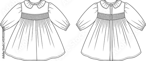 Children’s long sleeve dress fashion sketch front and back view with smocked bodice, Peter Pan collar, cad drawing flat vector illustration