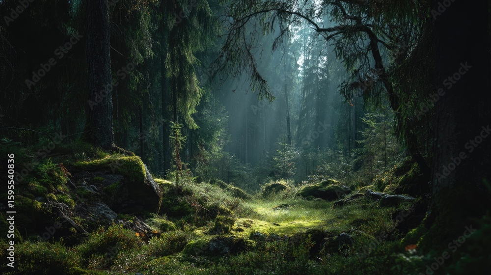 Fototapeta premium Sunlight filtering through a dense forest.