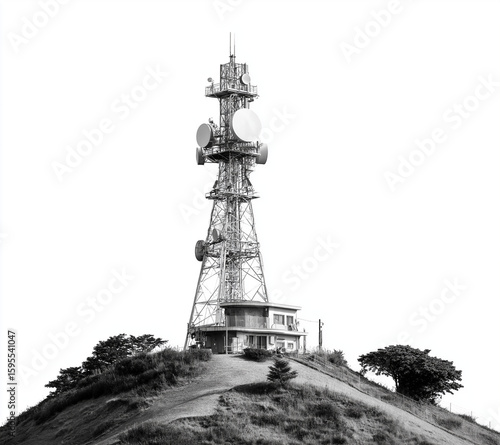 Black and white photograph of an advanced communication tower