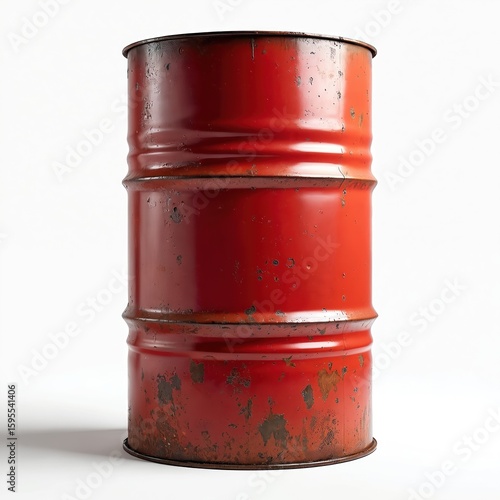 Rusty red industrial drum container with aged metal texture isolated on white background. Worn, rust-eaten steel barrel evokes grunge, vintage vibes, suitable for storage, transport, hazardous waste
