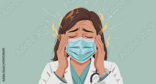 Exhausted Healthcare Worker with Mask and Headache