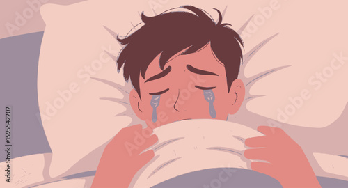 Sad Young Man Crying in Bed, Illustrated