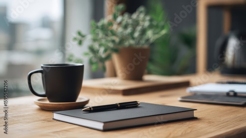 A black mug, notepad, and pen sit on a wooden surface.