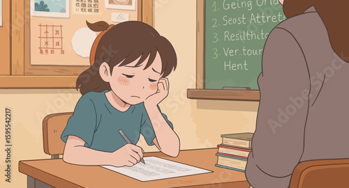 Pensive Schoolgirl Concentrating on Homework in Classroom
