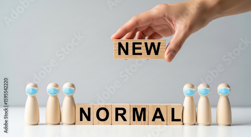 Wallpaper Mural New Normal after COVID-19: Wooden mannequin with face mask and wooden blocks spelling change and disruption Torontodigital.ca