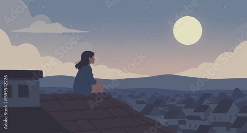 Serene Night: Girl Contemplating Cityscape from Rooftop