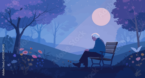 Serene Twilight: Elderly Man Contemplating in a Tranquil Park