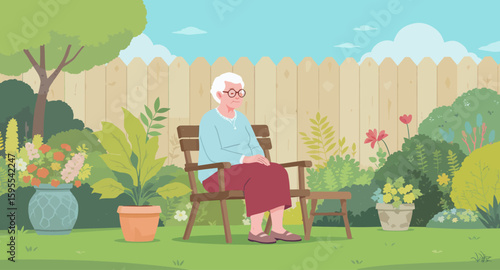 Serene Senior Woman Relaxing in a Lush Garden