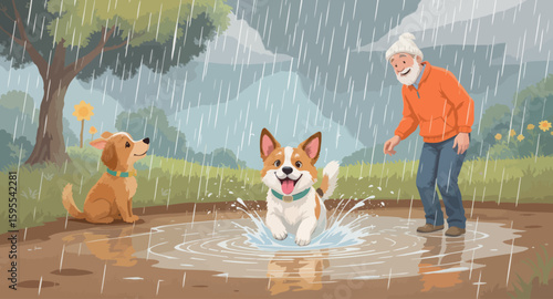 Joyful Rain Day: Senior Man and Dogs Playing in Puddle