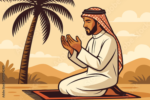 A man in traditional Arab clothing is kneeling on a prayer rug, praying outdoors near a palm tree in a desert landscape.