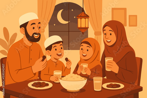 A Muslim family, including parents and two children, are happily sharing a meal of dates and milk during Ramadan at a table indoors.