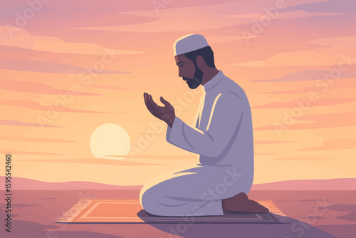 A Muslim man kneels on a prayer rug facing the sunset, raising his hands in supplication during prayer.