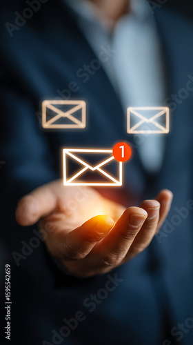 A person displaying digital email icons representing communication and correspondence in a modern business context