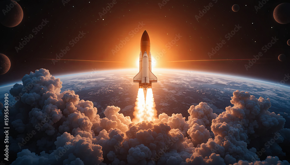 Obraz premium A rocket ascends into the starry sky at sunrise, leaving a trail of smoke and fire as it breaks through the atmosphere, revealing distant planets and the Earth below
