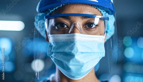Heroic Medical Professional: A close-up shot of a dedicated medical professional, showcasing their commitment to health, wearing full protective gear, including a face mask, safety glasses.