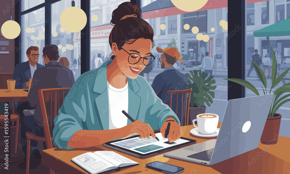 Fototapeta premium A woman with glasses works on a tablet in a cafe, with a laptop and coffee nearby. Other patrons are visible in the background.