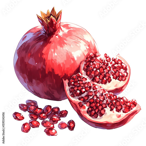 Isolated background image, water colour pomegranate and peeled pomegranate seeds, transparent background PNG	