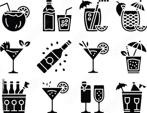 Collection of stylized tropical cocktails and drinks in various glasses