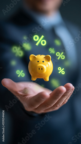 Businessman holding a yellow piggy bank with floating percentage symbols symbolizing interest rates savings and financial growth opportunities