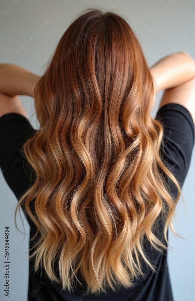 Obraz premium Back view of woman with long wavy ombre hair. Shades of brown transition to blonde. Healthy, shiny hair texture. Perfect hairstyle for fashion, beauty, salon.