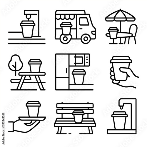 No compostable icons icon outdoor characters emojis cup spaced café vector set