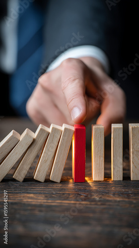 Businessperson stopping domino effect a concept of problem solving risk management and financial crisis prevention