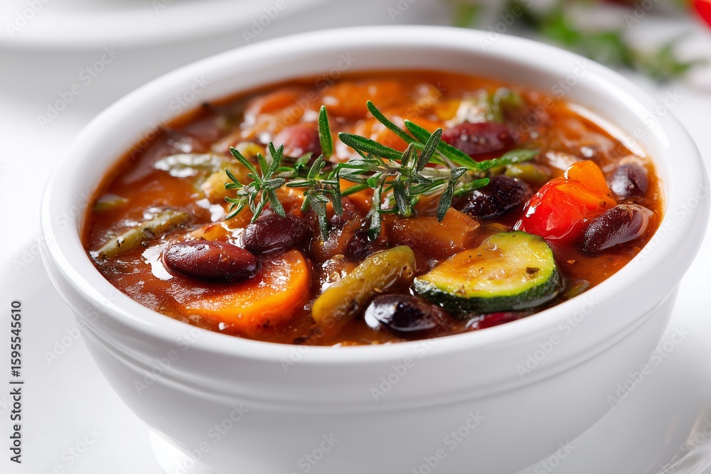 Hearty bean stew with assorted vegetables in a white bowl on a clean background inviting warmth and comfort for a nourishing meal Hearty bean stew with assorted vegetables in a white bowl on a clean background inviting warmth and comfort for a nourishing meal