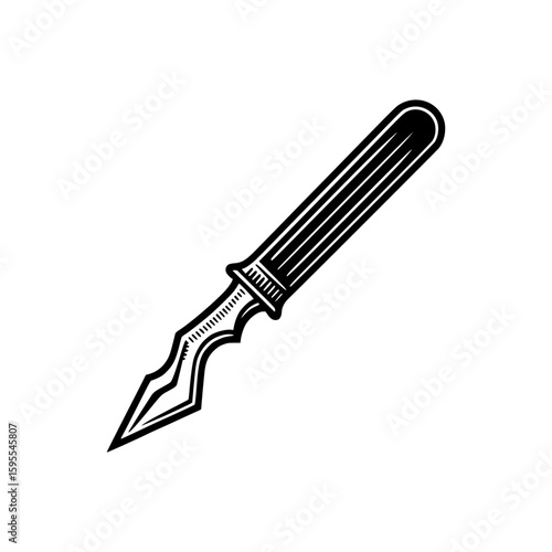 A detailed black and white illustration of a scalpel, used in surgery. The focus is on its sharp, pointed blade and its finely designed handle
