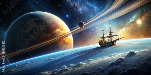 Fototapeta Naklejka Na Ścianę i Meble -  A majestic ship sails through a serene cosmic sea, surrounded by vibrant planets and glowing rings. This breathtaking view captures the wonder of space exploration against a colorful background