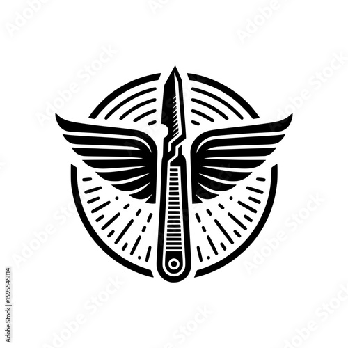A creative minimalist illustration of a scalpel with wings, set within a circle design. Symbolizing precision, care, and the art of healing.