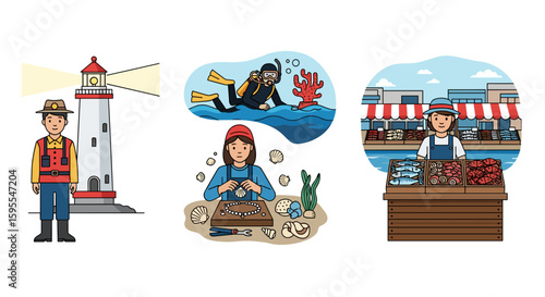 Illustration showing a lighthouse keeper, a diver, a crafter and a fishmonger
