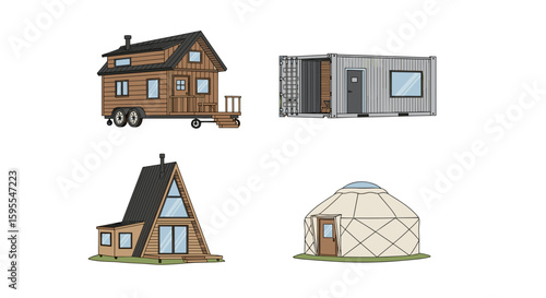 Illustration showing four different types of small houses including a yurt home