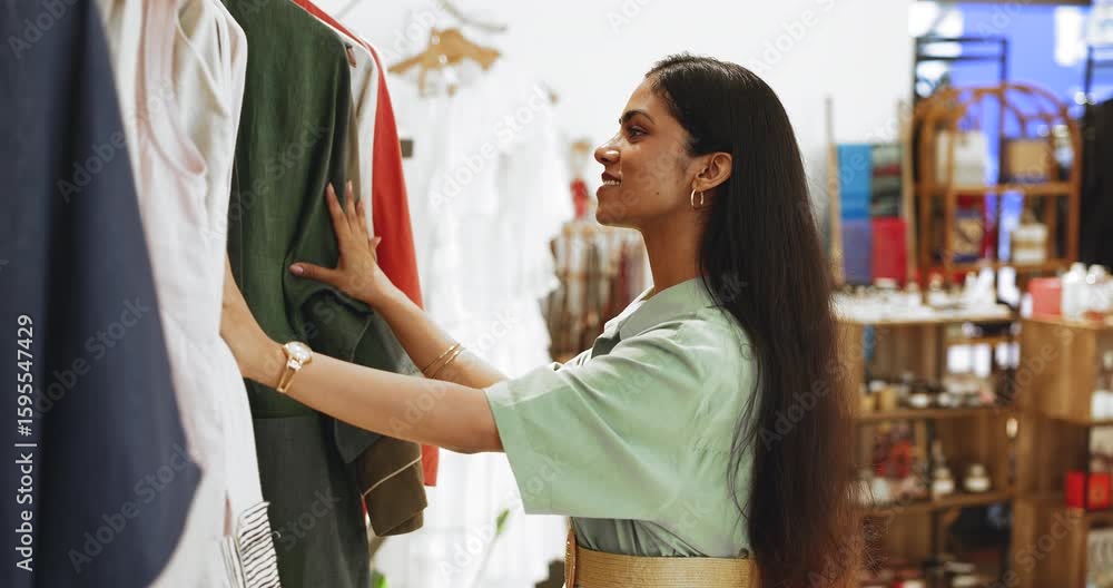 Positive young Indian shopaholic customer girl examining clothes in fashion store, sorting outfits hanging on rack in boutique, checking price tags, choosing branded stylish goods, smiling